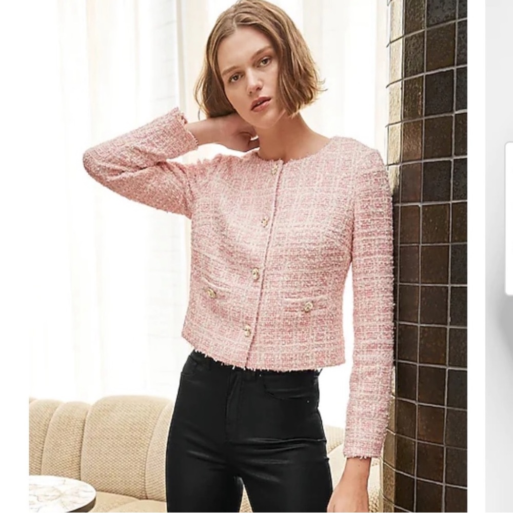 Express plaid boucle tweed jacket XS pink white
